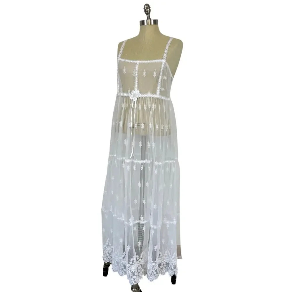 Vintage No Strings Attached Sheer White Floral Coverup Bridal Night Gown Dress M - Picture 2 of 13